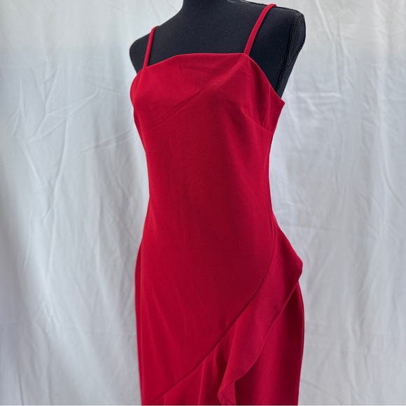 Almost Famous Red Dress Size Large Bodycon Asymmetrical Hem Ruffle NWT Valentine - Picture 3 of 16